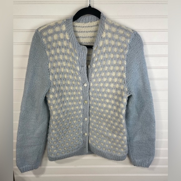 Unbranded Handmade Blue & Cream Knitted Long Sleeve Cardigan Small Women’s EUC - Picture 6 of 9